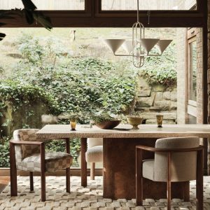 Ramsey Eating Desk in Travertine and Burl Wooden